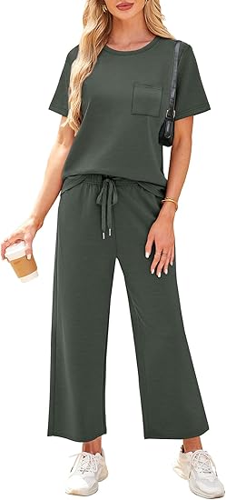 2 Piece Sets for Women Casual Summer Travel Vacation Outfits Short Sleeve Wide Leg Crop Pants Lounge Sets