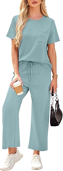 2 Piece Sets for Women Casual Summer Travel Vacation Outfits Short Sleeve Wide Leg Crop Pants Lounge Sets