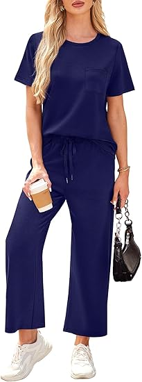 2 Piece Sets for Women Casual Summer Travel Vacation Outfits Short Sleeve Wide Leg Crop Pants Lounge Sets
