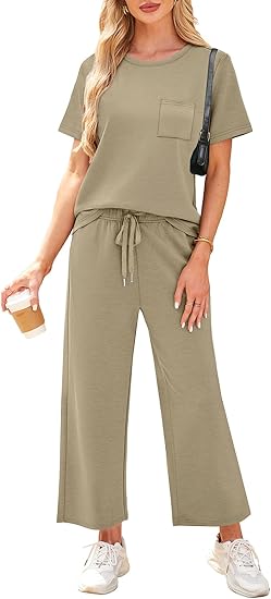 2 Piece Sets for Women Casual Summer Travel Vacation Outfits Short Sleeve Wide Leg Crop Pants Lounge Sets