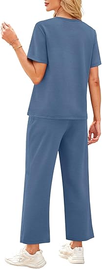 2 Piece Sets for Women Casual Summer Travel Vacation Outfits Short Sleeve Wide Leg Crop Pants Lounge Sets