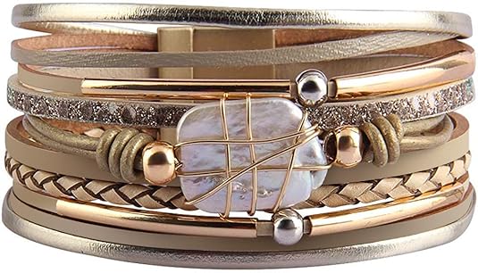 Fesciory Leather Wrap Bracelets for Women, Boho Leopard Multi-Layer Crystal Beads Cuff Bracelet Jewelry