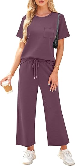 2 Piece Sets for Women Casual Summer Travel Vacation Outfits Short Sleeve Wide Leg Crop Pants Lounge Sets