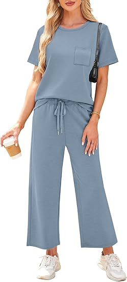 2 Piece Sets for Women Casual Summer Travel Vacation Outfits Short Sleeve Wide Leg Crop Pants Lounge Sets