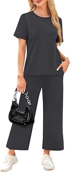 2 Piece Sets for Women Casual Summer Travel Vacation Outfits Short Sleeve Wide Leg Crop Pants Lounge Sets
