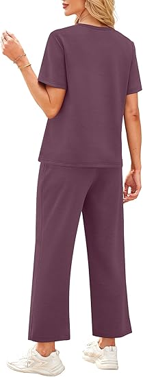 2 Piece Sets for Women Casual Summer Travel Vacation Outfits Short Sleeve Wide Leg Crop Pants Lounge Sets