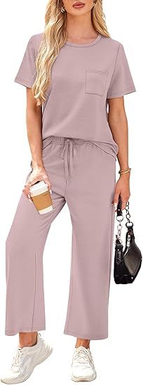 2 Piece Sets for Women Casual Summer Travel Vacation Outfits Short Sleeve Wide Leg Crop Pants Lounge Sets