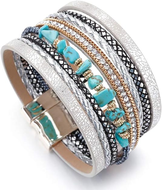 Fesciory Leather Wrap Bracelets for Women, Boho Leopard Multi-Layer Crystal Beads Cuff Bracelet Jewelry