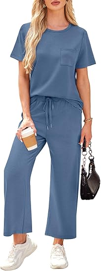2 Piece Sets for Women Casual Summer Travel Vacation Outfits Short Sleeve Wide Leg Crop Pants Lounge Sets