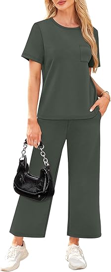 2 Piece Sets for Women Casual Summer Travel Vacation Outfits Short Sleeve Wide Leg Crop Pants Lounge Sets