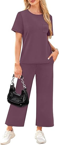 2 Piece Sets for Women Casual Summer Travel Vacation Outfits Short Sleeve Wide Leg Crop Pants Lounge Sets