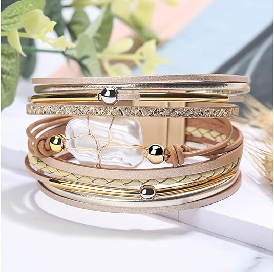 Fesciory Leather Wrap Bracelets for Women, Boho Leopard Multi-Layer Crystal Beads Cuff Bracelet Jewelry