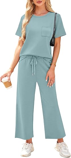 2 Piece Sets for Women Casual Summer Travel Vacation Outfits Short Sleeve Wide Leg Crop Pants Lounge Sets