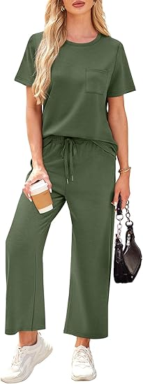 2 Piece Sets for Women Casual Summer Travel Vacation Outfits Short Sleeve Wide Leg Crop Pants Lounge Sets