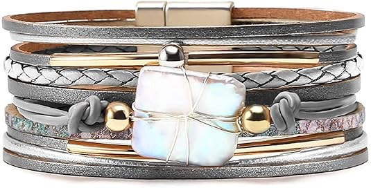 Fesciory Leather Wrap Bracelets for Women, Boho Leopard Multi-Layer Crystal Beads Cuff Bracelet Jewelry