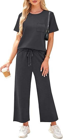 2 Piece Sets for Women Casual Summer Travel Vacation Outfits Short Sleeve Wide Leg Crop Pants Lounge Sets