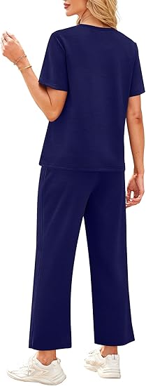 2 Piece Sets for Women Casual Summer Travel Vacation Outfits Short Sleeve Wide Leg Crop Pants Lounge Sets