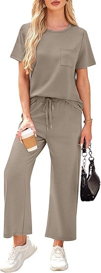 2 Piece Sets for Women Casual Summer Travel Vacation Outfits Short Sleeve Wide Leg Crop Pants Lounge Sets