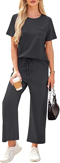2 Piece Sets for Women Casual Summer Travel Vacation Outfits Short Sleeve Wide Leg Crop Pants Lounge Sets
