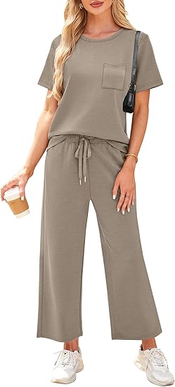 2 Piece Sets for Women Casual Summer Travel Vacation Outfits Short Sleeve Wide Leg Crop Pants Lounge Sets