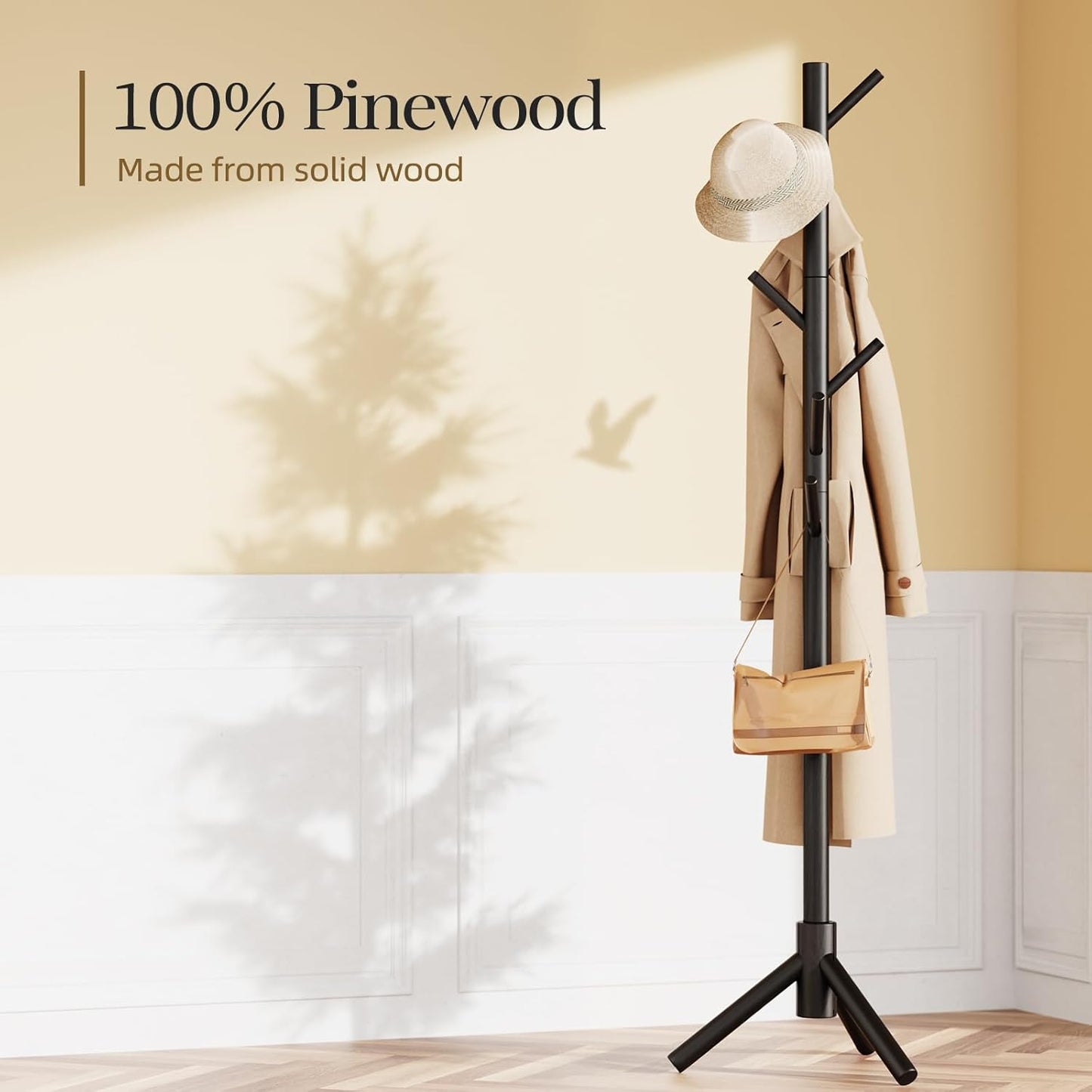 Sturdy Wooden Coat Tree with 8 Hooks, 3 Adjustable Sizes for Clothes, Hat Stand Used in Bedroom/Office/Entryway, Brown