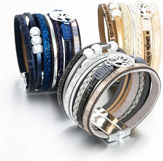 Fesciory Leather Wrap Bracelets for Women, Boho Leopard Multi-Layer Crystal Beads Cuff Bracelet Jewelry