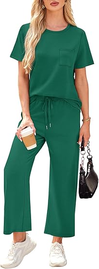 2 Piece Sets for Women Casual Summer Travel Vacation Outfits Short Sleeve Wide Leg Crop Pants Lounge Sets
