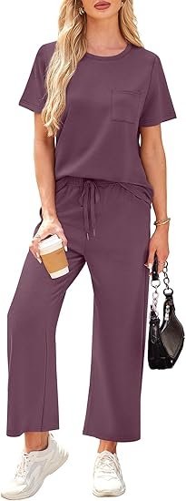 2 Piece Sets for Women Casual Summer Travel Vacation Outfits Short Sleeve Wide Leg Crop Pants Lounge Sets