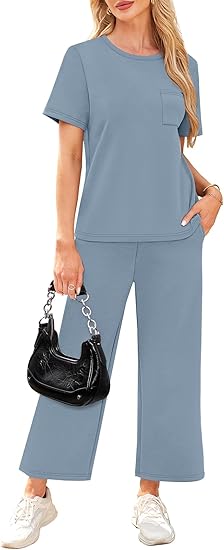 2 Piece Sets for Women Casual Summer Travel Vacation Outfits Short Sleeve Wide Leg Crop Pants Lounge Sets