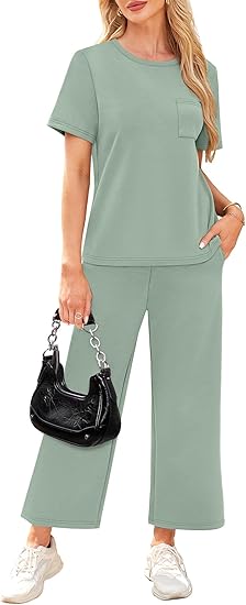 2 Piece Sets for Women Casual Summer Travel Vacation Outfits Short Sleeve Wide Leg Crop Pants Lounge Sets