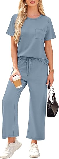 2 Piece Sets for Women Casual Summer Travel Vacation Outfits Short Sleeve Wide Leg Crop Pants Lounge Sets