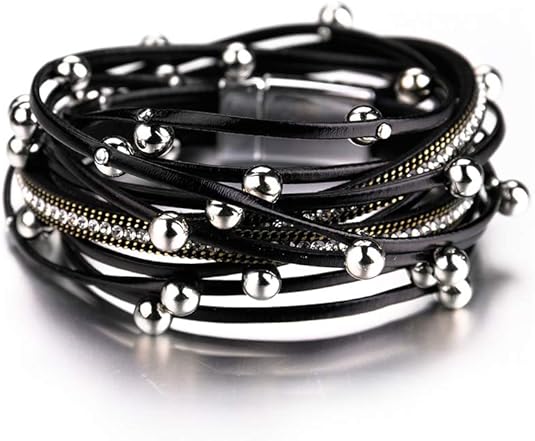 Fesciory Leather Wrap Bracelets for Women, Boho Leopard Multi-Layer Crystal Beads Cuff Bracelet Jewelry