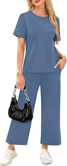 2 Piece Sets for Women Casual Summer Travel Vacation Outfits Short Sleeve Wide Leg Crop Pants Lounge Sets
