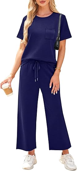 2 Piece Sets for Women Casual Summer Travel Vacation Outfits Short Sleeve Wide Leg Crop Pants Lounge Sets