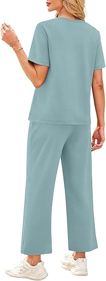 2 Piece Sets for Women Casual Summer Travel Vacation Outfits Short Sleeve Wide Leg Crop Pants Lounge Sets
