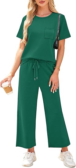 2 Piece Sets for Women Casual Summer Travel Vacation Outfits Short Sleeve Wide Leg Crop Pants Lounge Sets