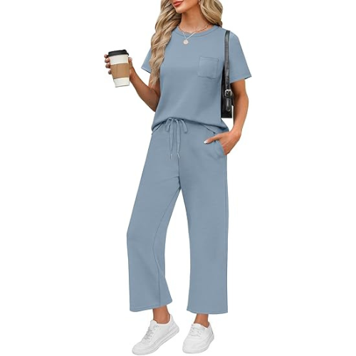 2 Piece Sets for Women Casual Summer Travel Vacation Outfits Short Sleeve Wide Leg Crop Pants Lounge Sets