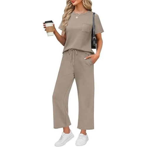 2 Piece Sets for Women Casual Summer Travel Vacation Outfits Short Sleeve Wide Leg Crop Pants Lounge Sets