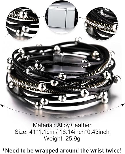 Fesciory Leather Wrap Bracelets for Women, Boho Leopard Multi-Layer Crystal Beads Cuff Bracelet Jewelry
