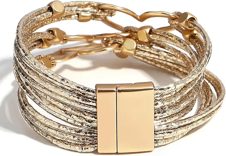 Fesciory Leather Wrap Bracelets for Women, Boho Leopard Multi-Layer Crystal Beads Cuff Bracelet Jewelry