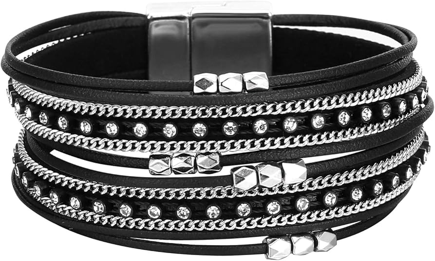 Fesciory Leather Wrap Bracelets for Women, Boho Leopard Multi-Layer Crystal Beads Cuff Bracelet Jewelry