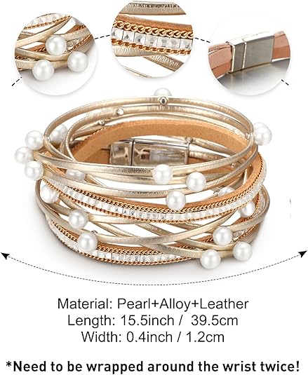 Fesciory Leather Wrap Bracelets for Women, Boho Leopard Multi-Layer Crystal Beads Cuff Bracelet Jewelry