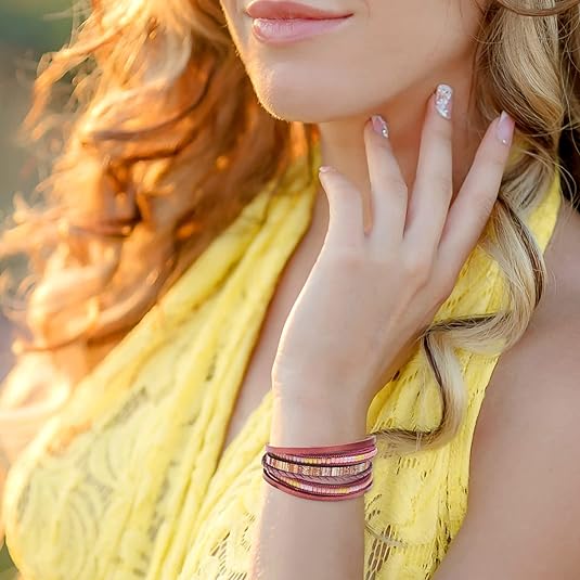 Fesciory Leather Wrap Bracelets for Women, Boho Leopard Multi-Layer Crystal Beads Cuff Bracelet Jewelry