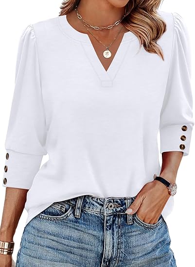 Length Sleeve Womens Tops with Button Cuffs Dressy Casual V Neck Summer Outfits Early Fall Fashion Spring Clothes
