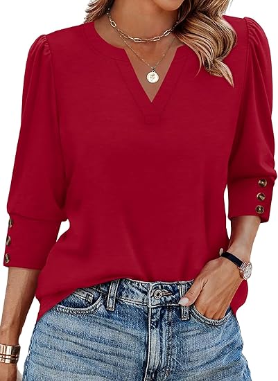 Length Sleeve Womens Tops with Button Cuffs Dressy Casual V Neck Summer Outfits Early Fall Fashion Spring Clothes