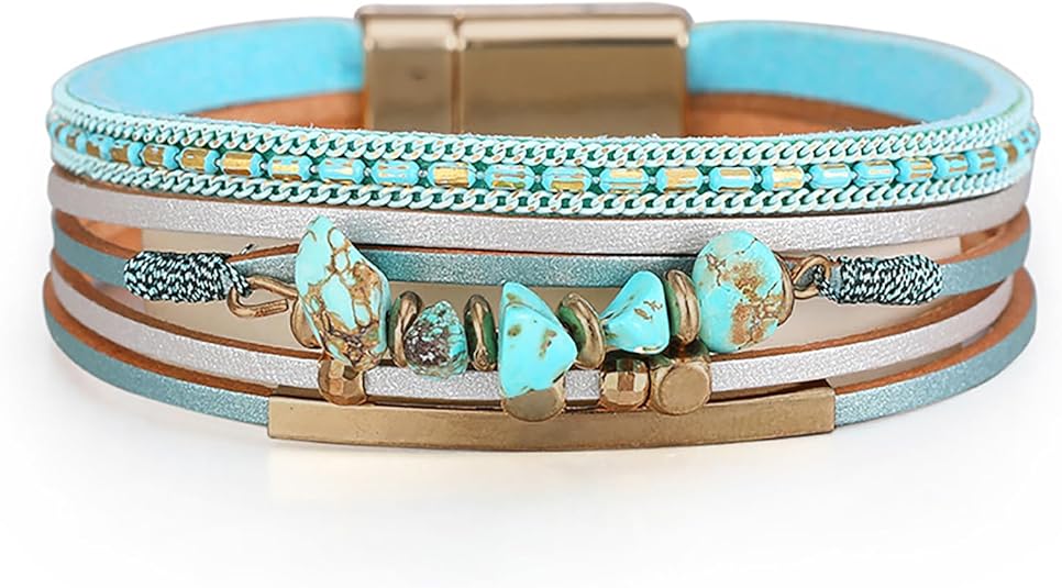 Fesciory Leather Wrap Bracelets for Women, Boho Leopard Multi-Layer Crystal Beads Cuff Bracelet Jewelry