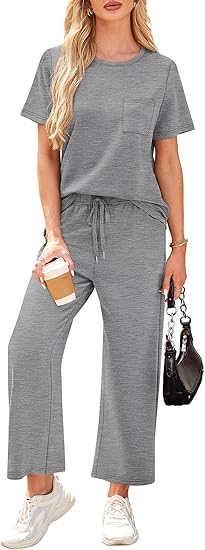 2 Piece Sets for Women Casual Summer Travel Vacation Outfits Short Sleeve Wide Leg Crop Pants Lounge Sets