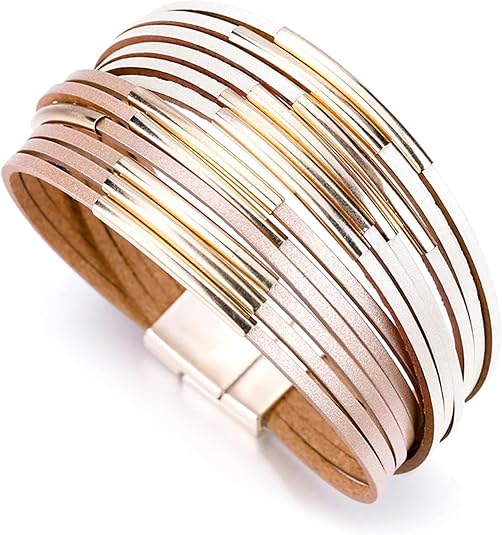 Fesciory Leather Wrap Bracelets for Women, Boho Leopard Multi-Layer Crystal Beads Cuff Bracelet Jewelry