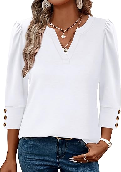 Length Sleeve Womens Tops with Button Cuffs Dressy Casual V Neck Summer Outfits Early Fall Fashion Spring Clothes