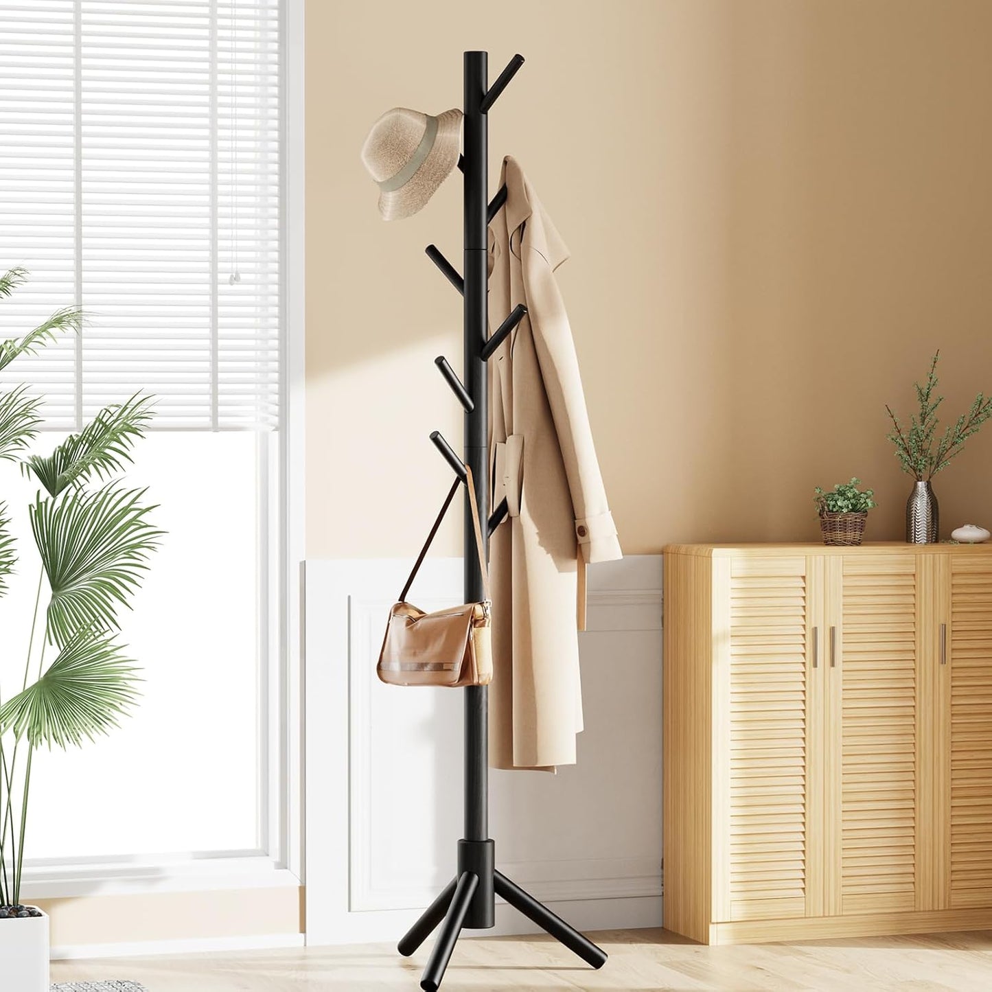 Sturdy Wooden Coat Tree with 8 Hooks, 3 Adjustable Sizes for Clothes, Hat Stand Used in Bedroom/Office/Entryway, Brown